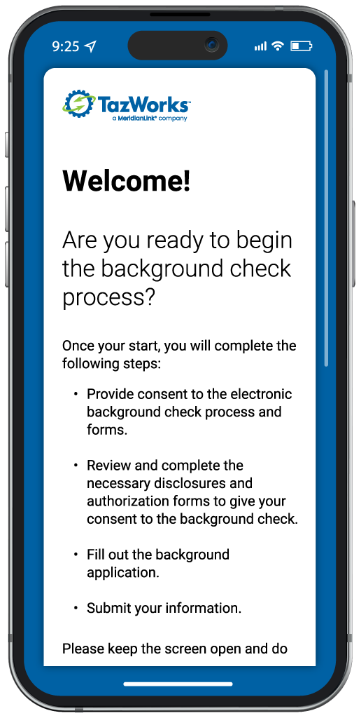 Starting Screen of TazWorks software on a mobile phone screen